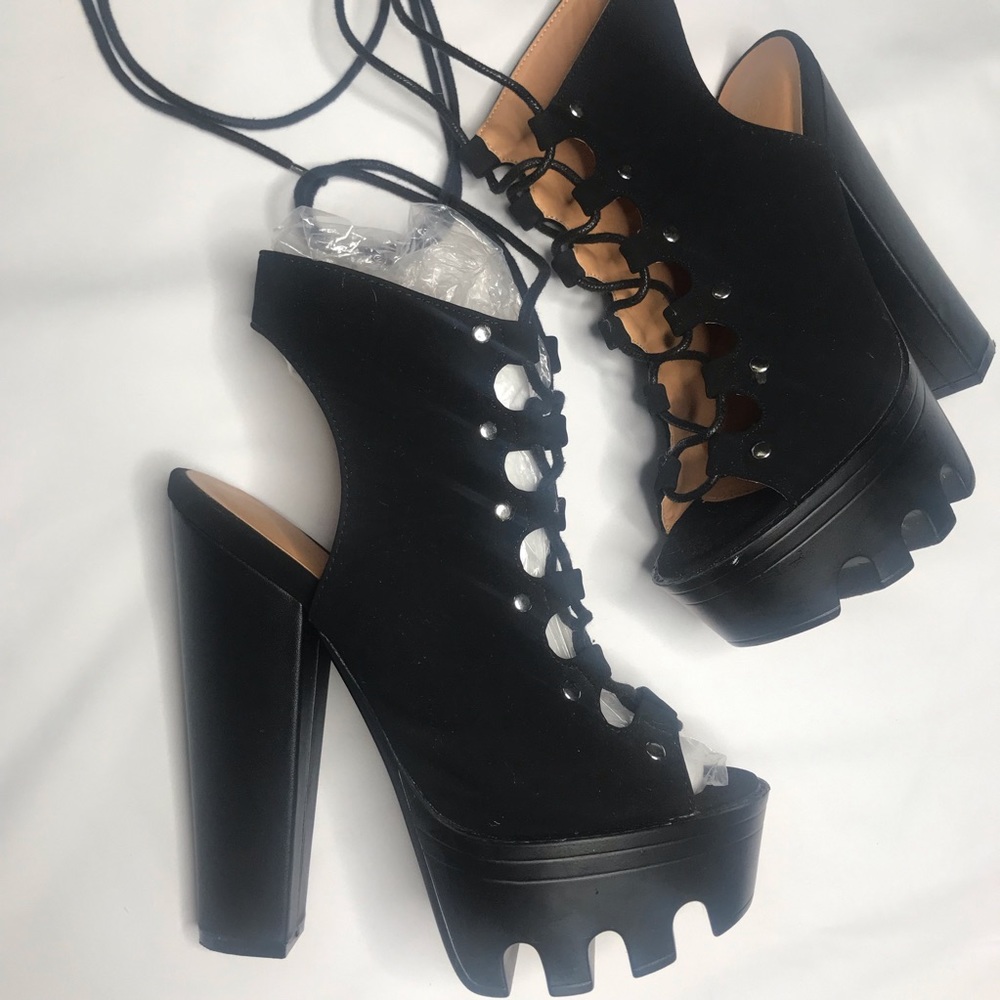 Black Platform Peep toe Rope up Booties - Picture 2 of 6